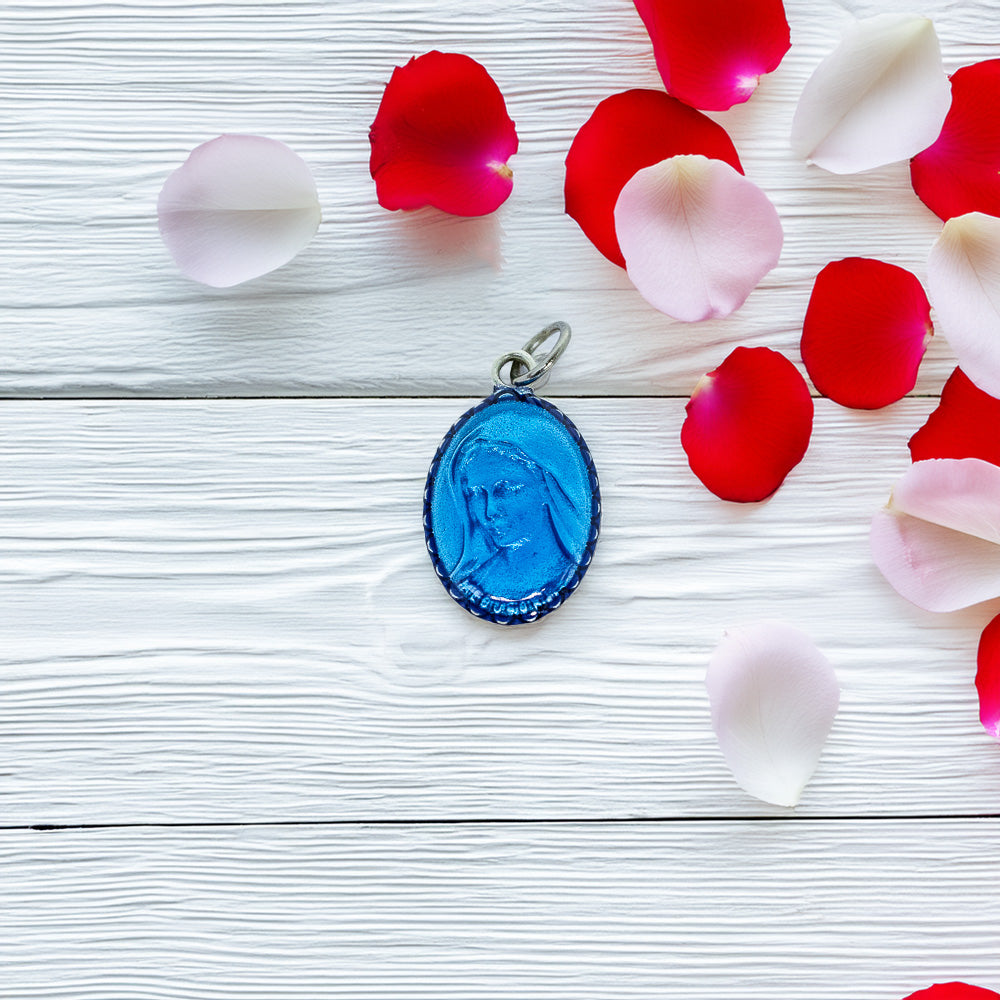 Medalha Rainha da Paz e Jesus Misericordioso 1,6 cm Resinada Azul - Medjugorje