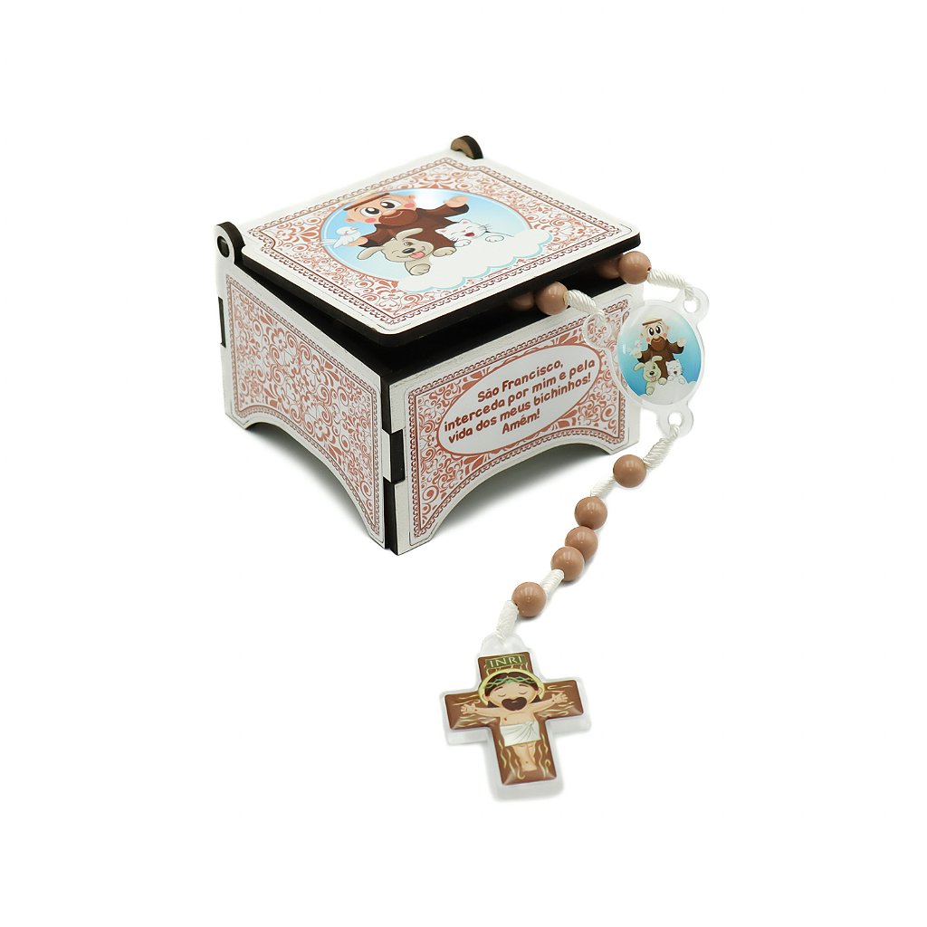 Terço Caixa Infantil com Triangulo e Cruz de Acrílico - São Francisco