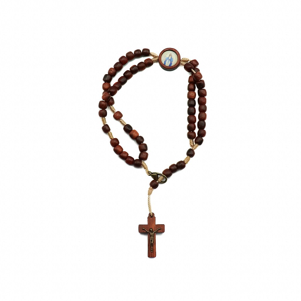 Pulseira terço com crucifixo e entre meio Nossa Senhora das Graças