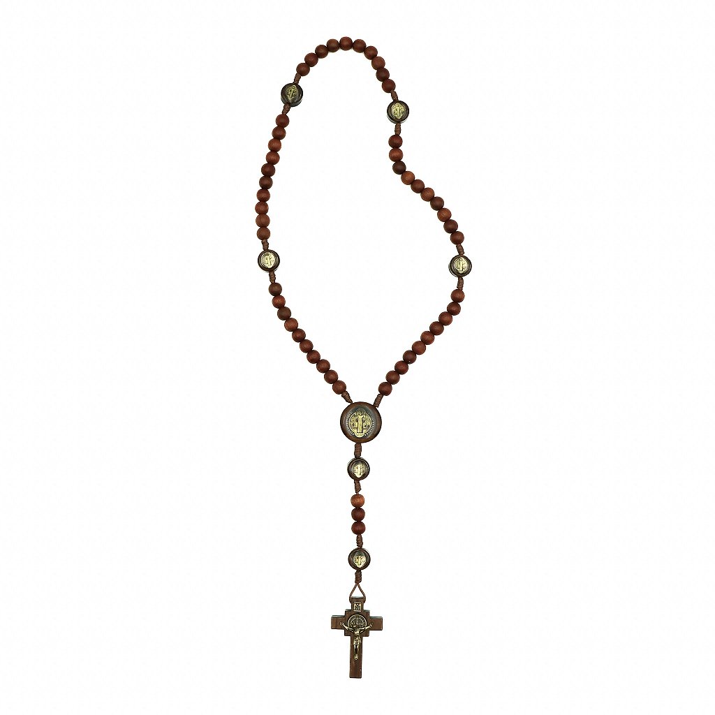 Terço madeira cor canela cordão 8mm São Bento