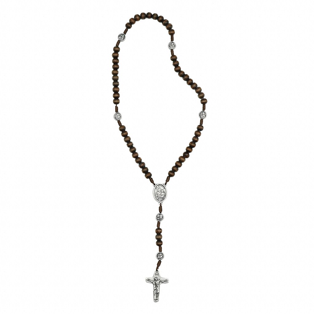 Terço madeira marrom escuro entre meio São José / Sagrada Família - Medjugorje