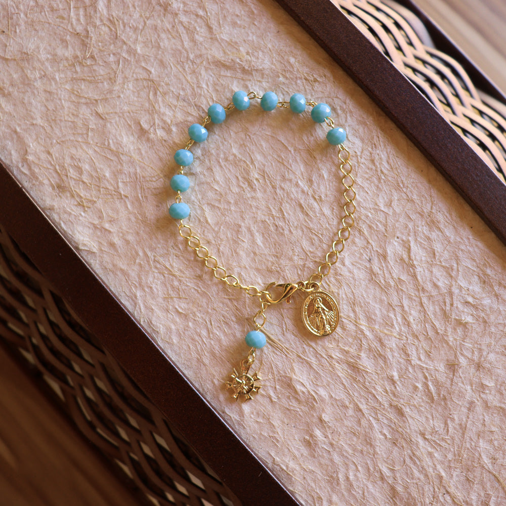 Pulseira Dezena Cristal Vidro 6mm Turquesa Nossa Senhora das Graças