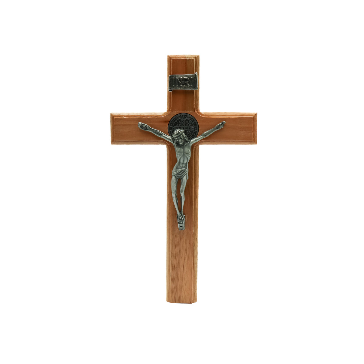 Cruz de Parede Madeira Com Cristo em Aço 26 cm Prata Velha