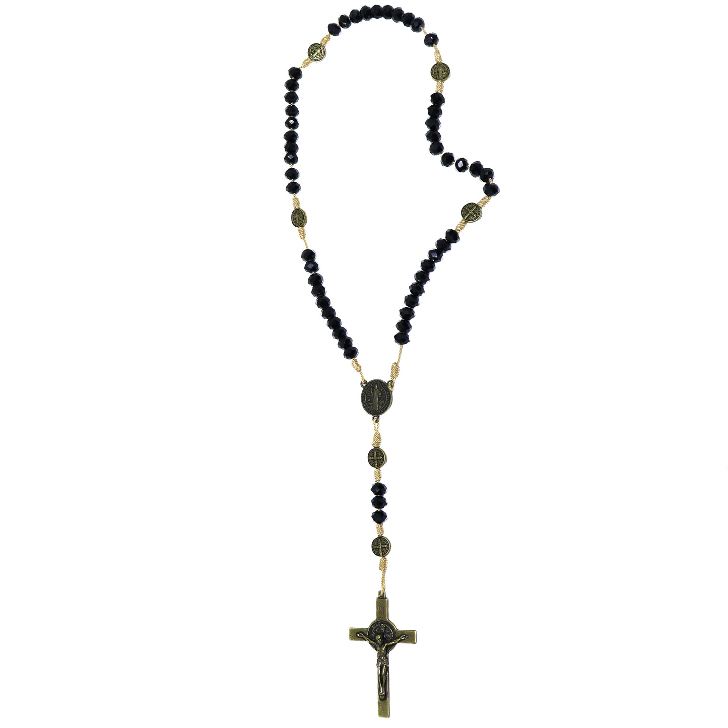 Terço São Bento Cristal Preto Com Medalhas e Cruz OV