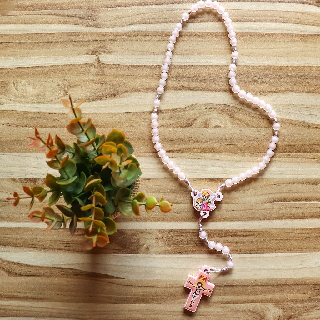 Terço Infantil Anjo da Guarda Bola Translucida - Rosa