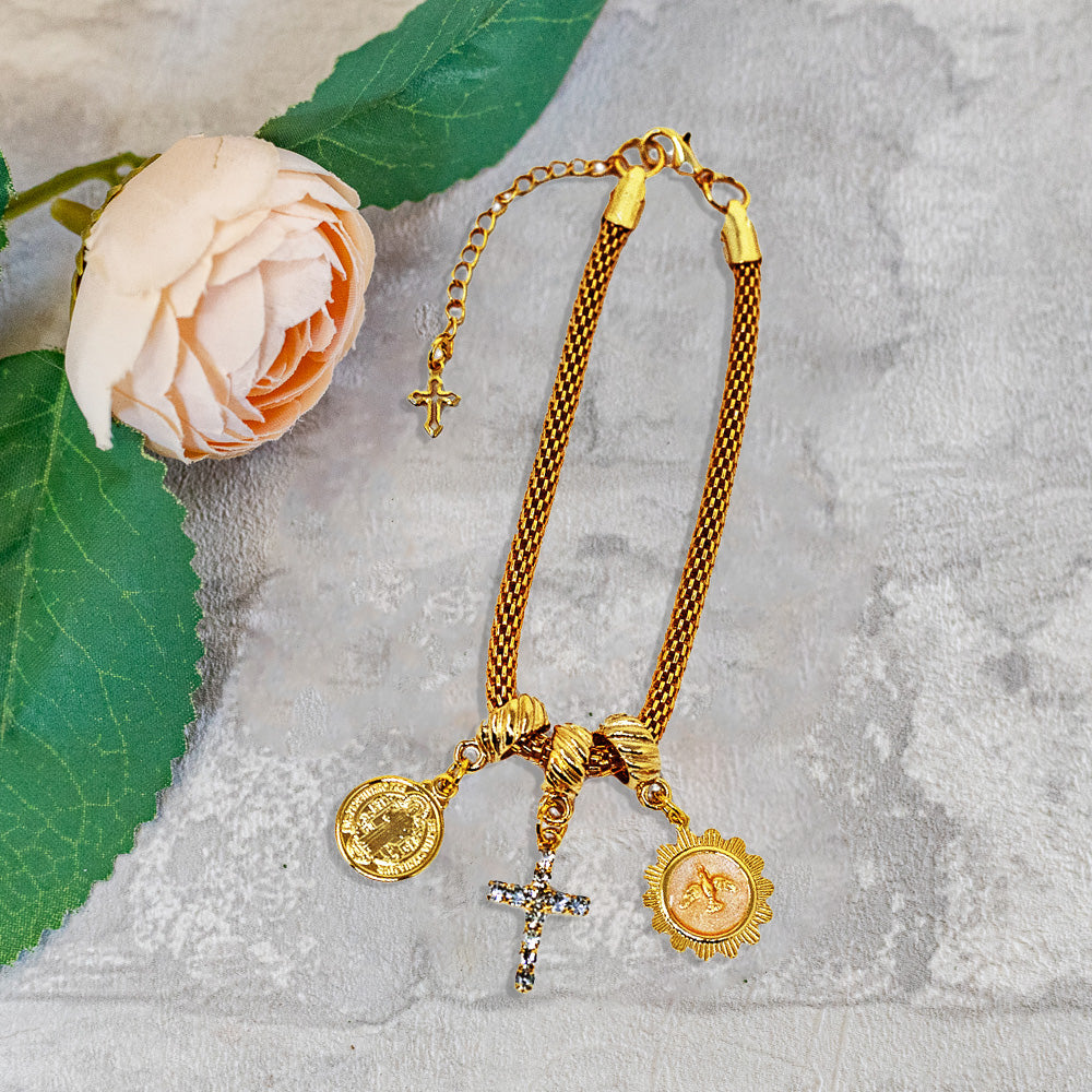 Pulseira dourada Espírito Santo, São Bento e Cruz