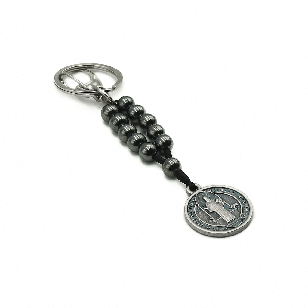 Chaveiro Dezena de São Bento Hematita Medalha Prata Velha