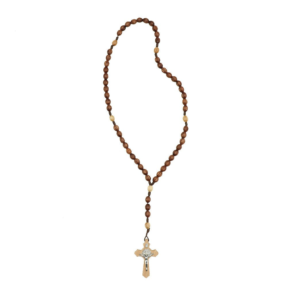 Terço madeira contas frizadas cordão marrom escuro cruz de madeira com medalha de São Bento prata - Medjugorje