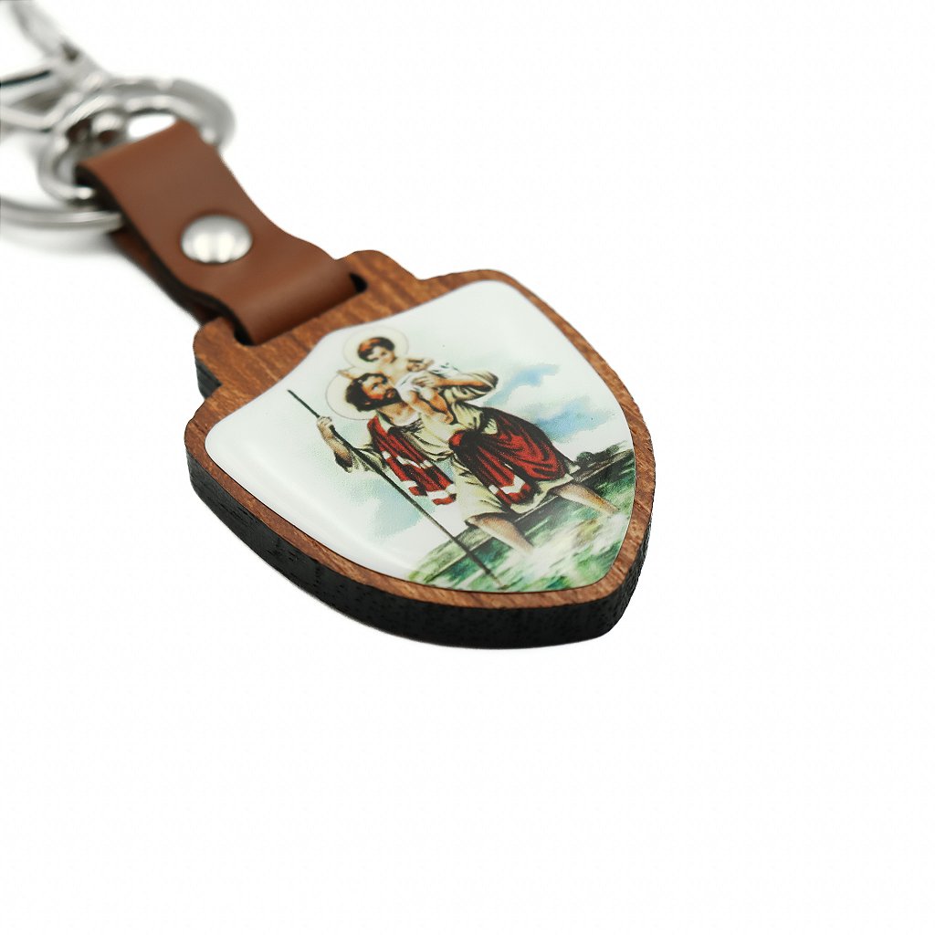 Chaveiro Escudo de Madeira São Cristóvão Prata Velho