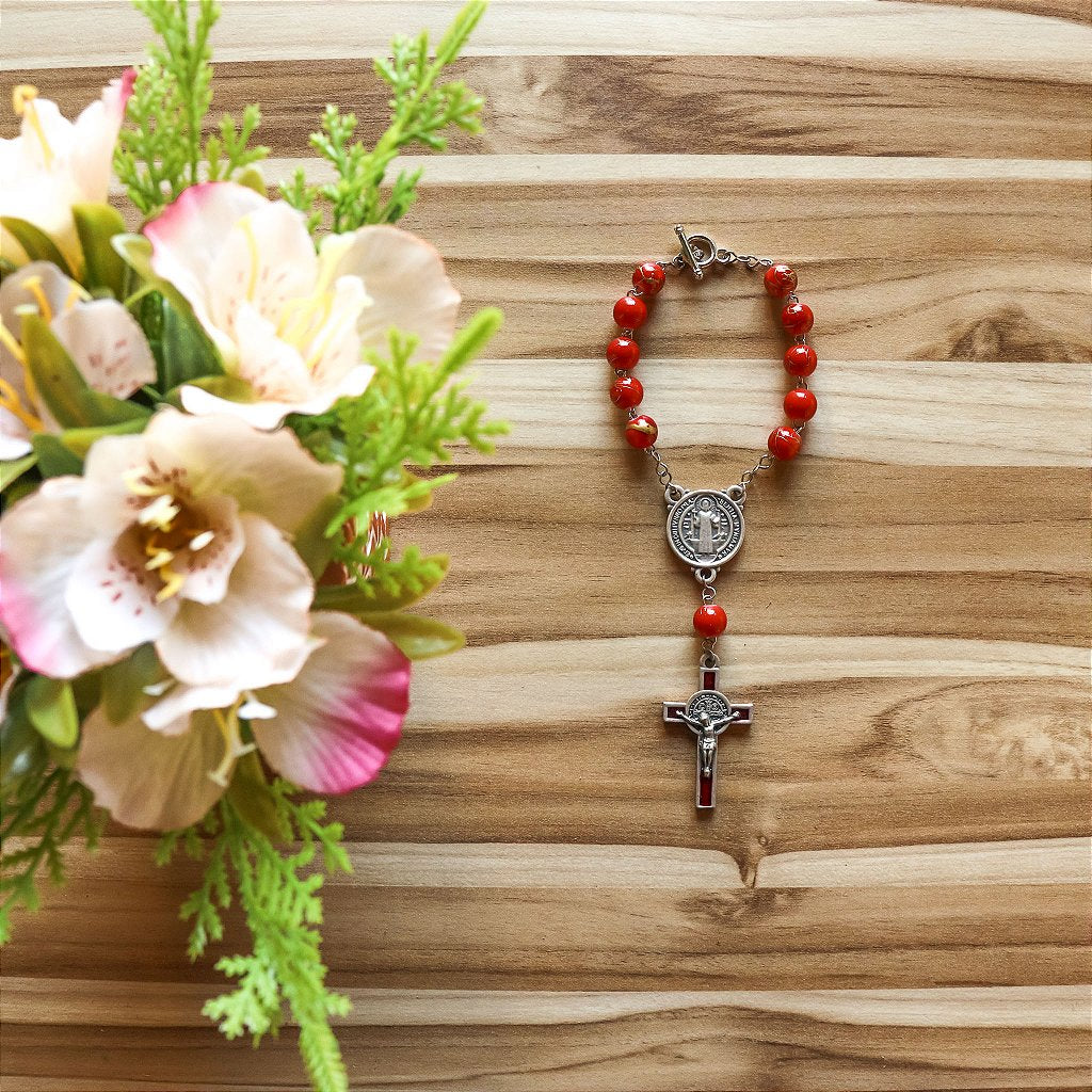 Dezena Com Fecho Mesclada 8mm Inox Vermelho Prata Velha Cruz de São Bento