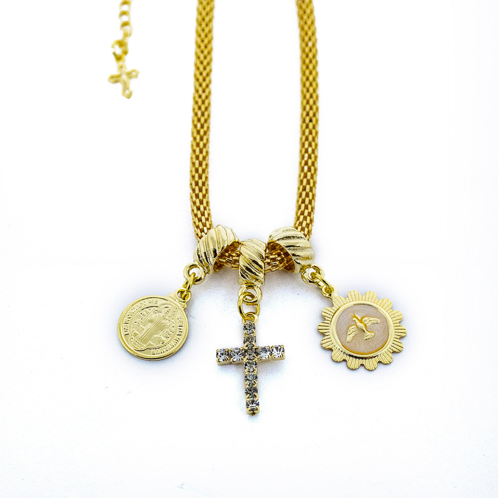 Pulseira dourada Espírito Santo, São Bento e Cruz