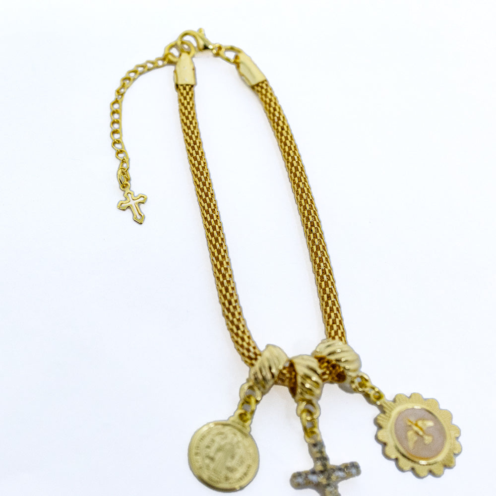 Pulseira dourada Espírito Santo, São Bento e Cruz
