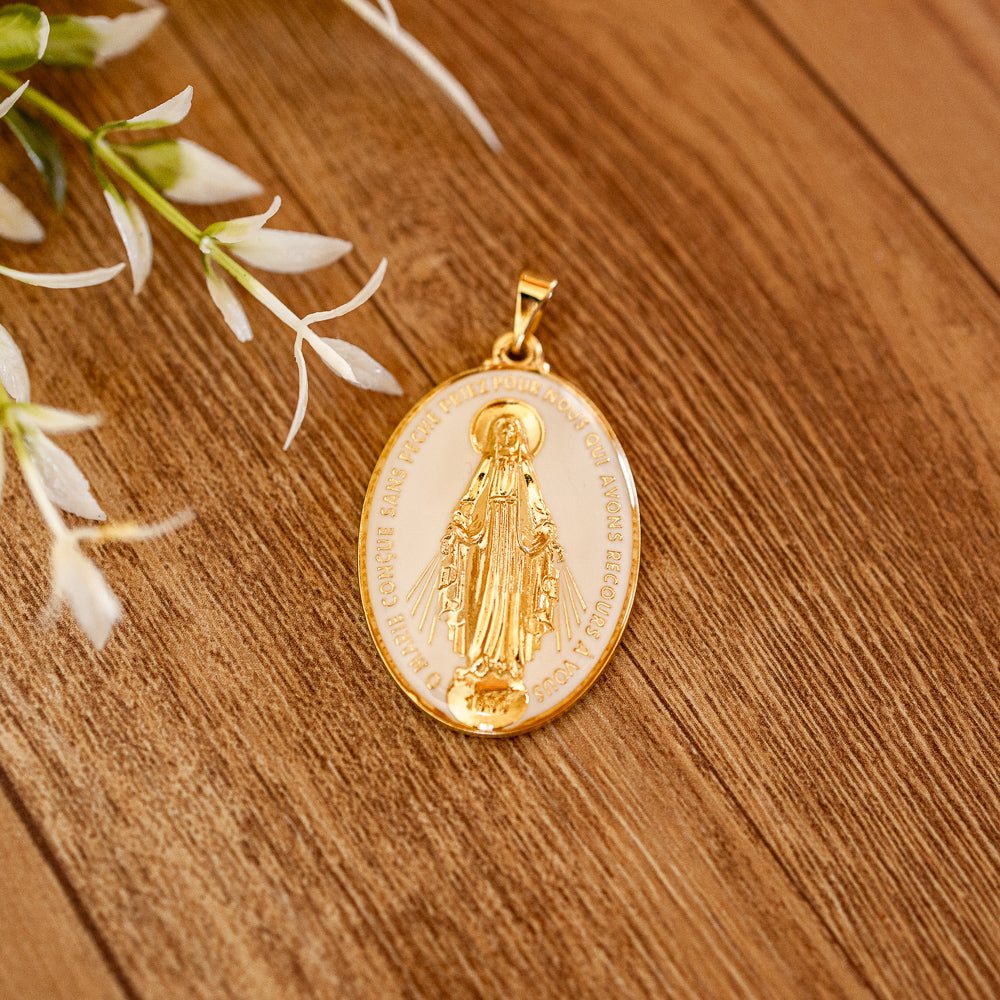 Medalha Milagrosa 39 mm Branca Dourada