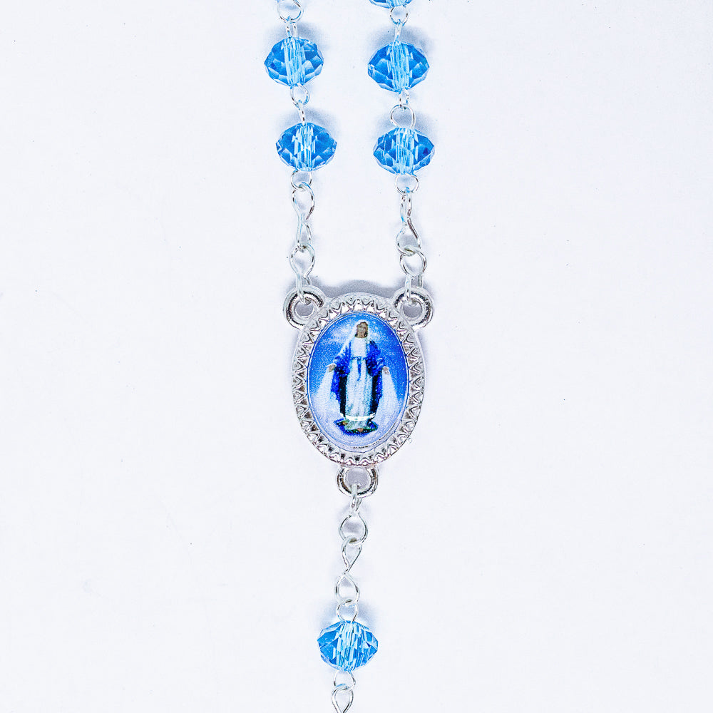 Terço Cristal 6mm Azul - Nossa Senhora das Graças