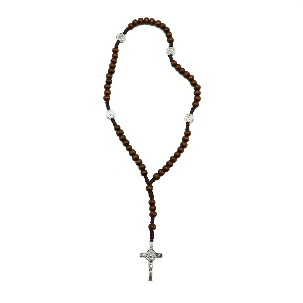 Terço madeira escura cordão marrom escuro medalha prateada na dezena - Medjugorje