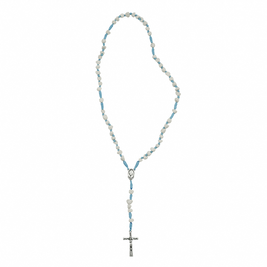 Terço de pedra cordão azul claro entre meio medalha prata Rainha da Paz / Jesus Misericordioso - Medjugorje