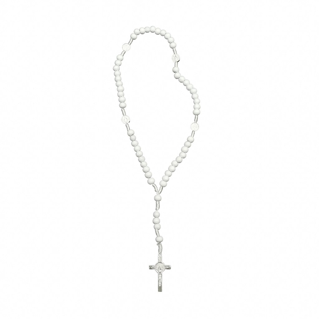 Terço madeira branca cordão branco com medalha São Bento na dezena