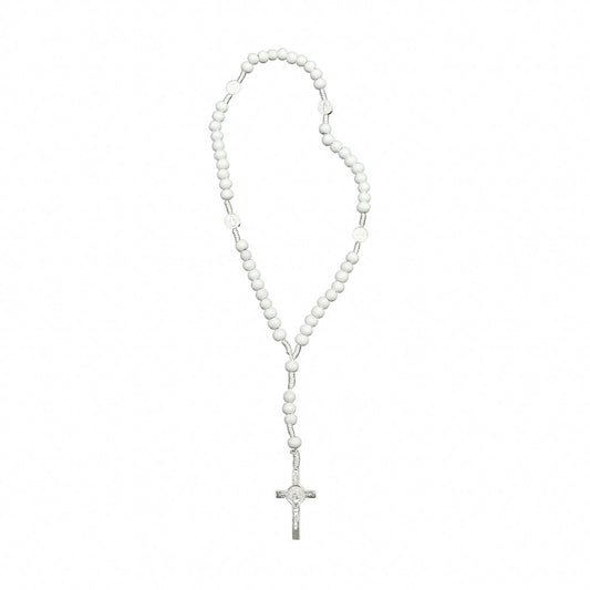 Terço madeira branca cordão branco com medalha São Bento na dezena