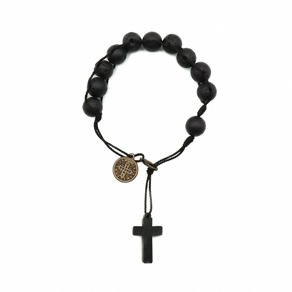 Pulseira Dezena São Bento com Medalha - pedra vulcânica
