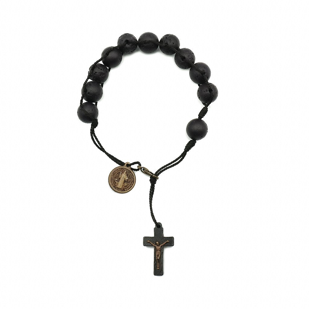 Pulseira Dezena São Bento com Medalha - pedra vulcânica