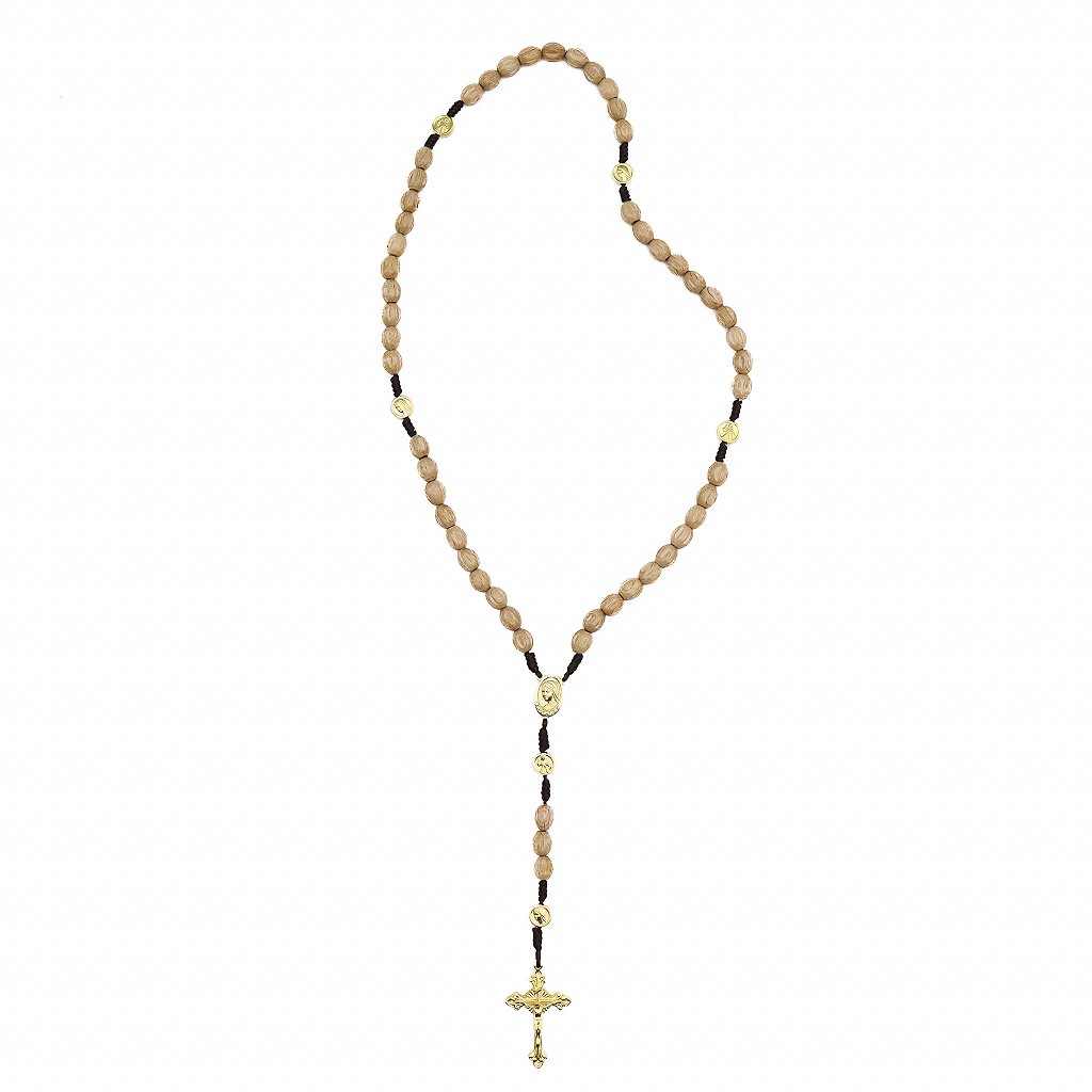 Terço madeira contas frisadas cordão marrom escuro dezenas douradas entre meio Rainha da Paz / Jesus Misericordioso - Medjugorje