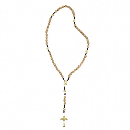 Terço madeira contas frisadas cordão marrom escuro dezenas douradas entre meio Rainha da Paz / Jesus Misericordioso - Medjugorje