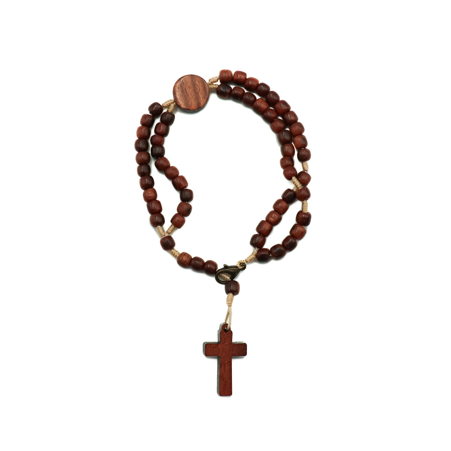 Pulseira terço com crucifixo e entre meio Nossa Senhora das Graças