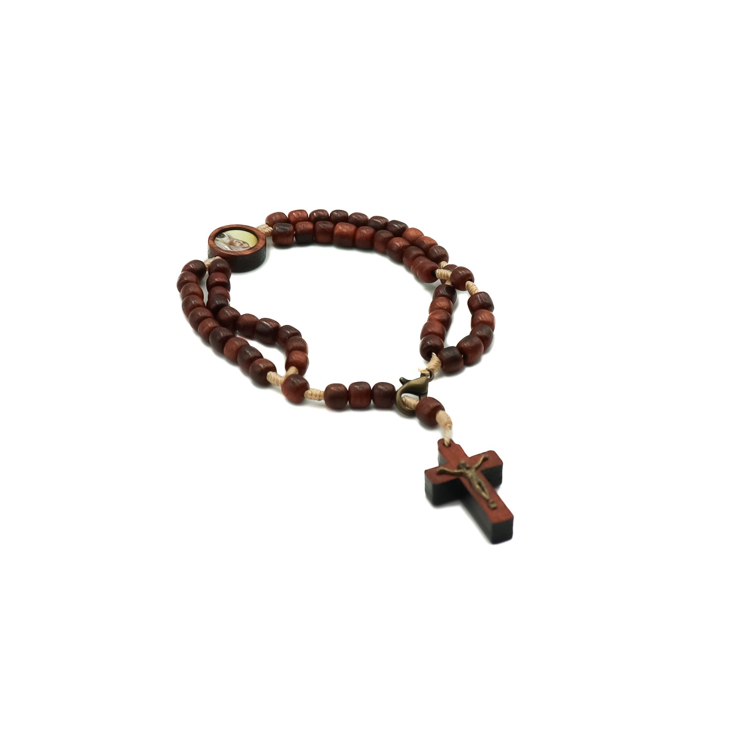 Pulseira terço com crucifixo e entre meio Nossa Senhora das Graças