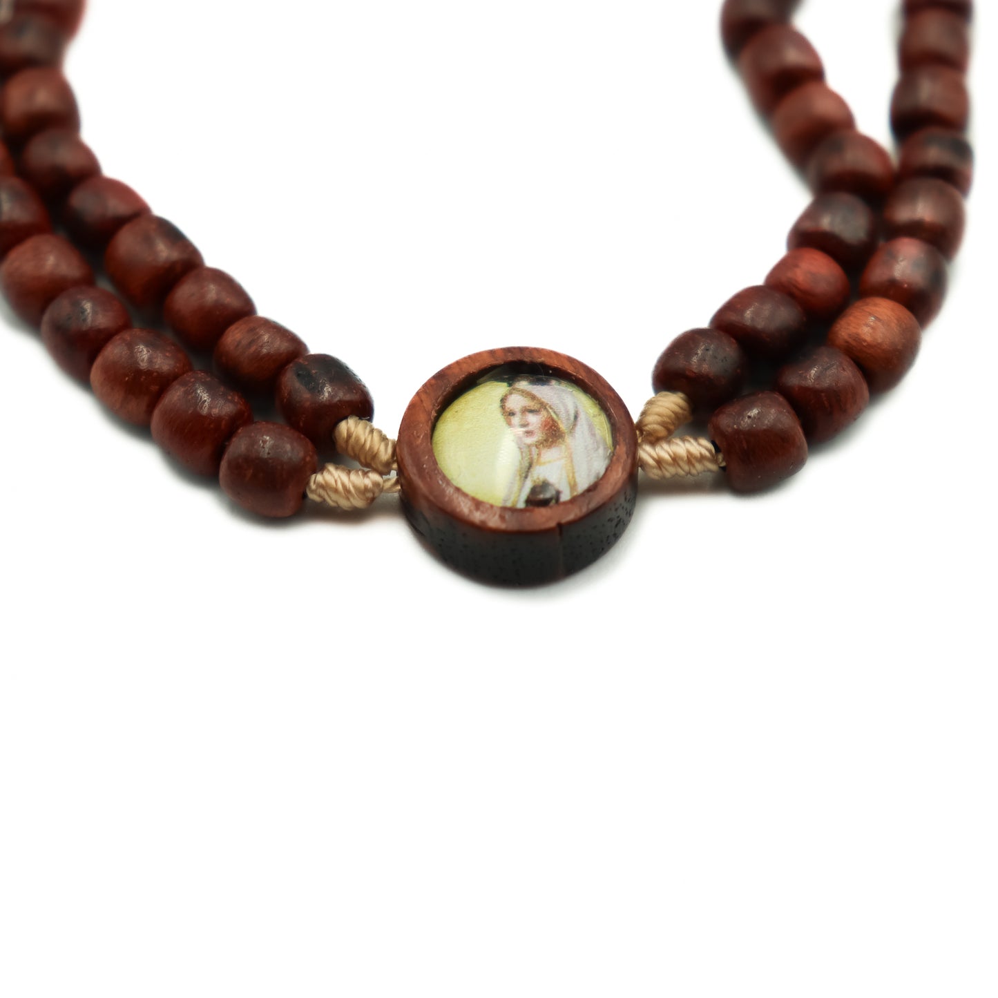 Pulseira terço com crucifixo e entre meio Nossa Senhora das Graças
