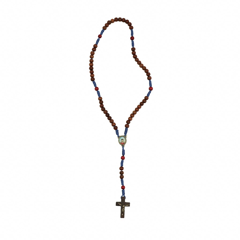 Terço madeira canela cordão azul 6mm Pai Nosso vermelho Carlo Acutis