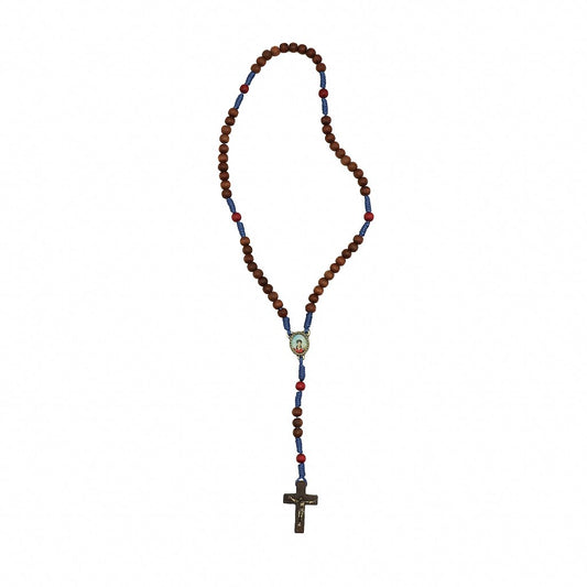 Terço madeira canela cordão azul 6mm Pai Nosso vermelho Carlo Acutis