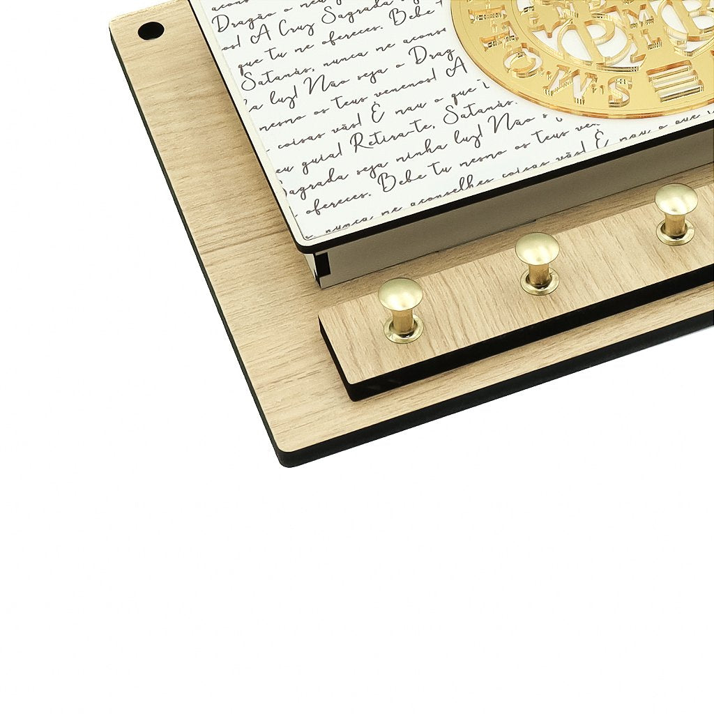 Porta Chaves com Porta Cartas Retangular - Medalha de São Bento Dourada