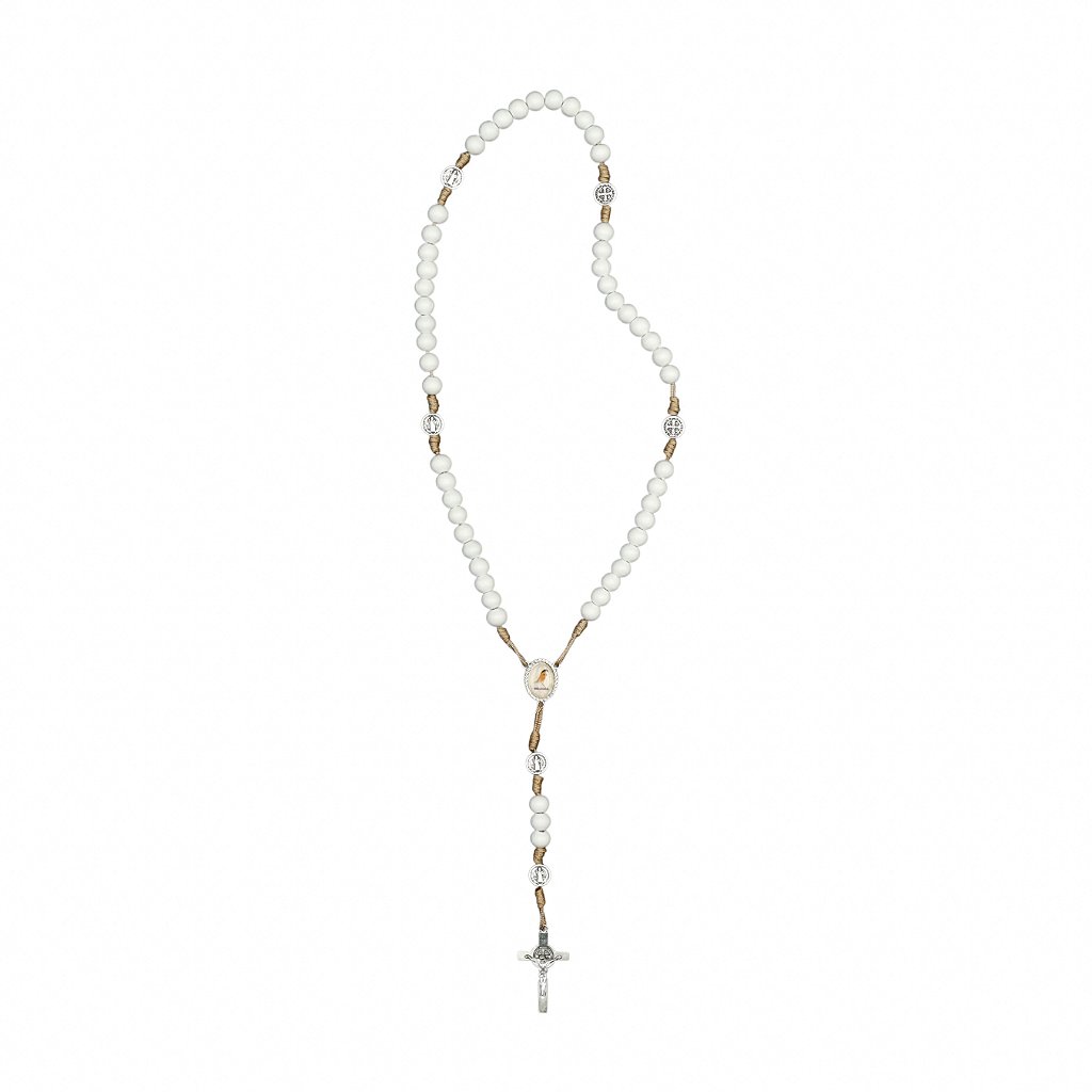 Terço madeira branco cordão bege claro entre meio Rainha da Paz / Jesus Misericordioso - Medjugorje