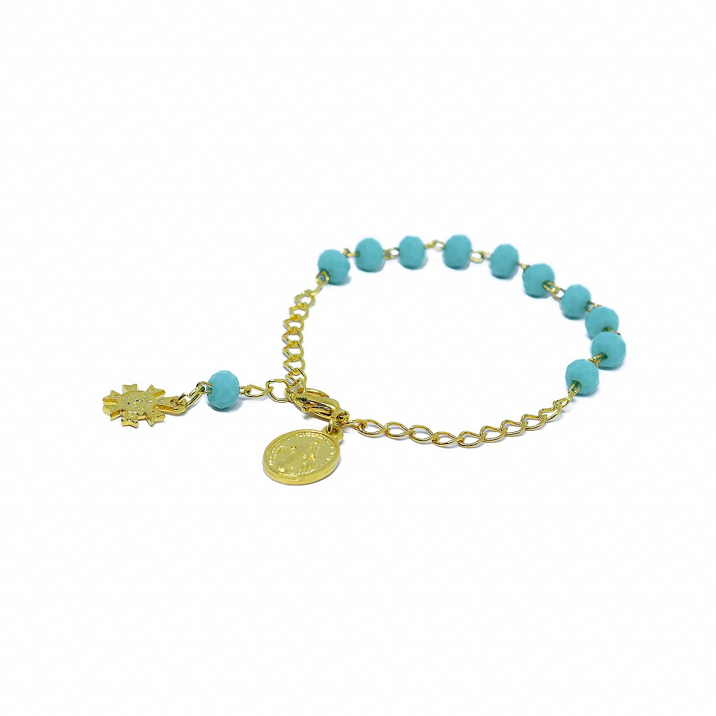 Pulseira Dezena Cristal Vidro 6mm Turquesa Nossa Senhora das Graças