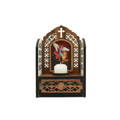 Porta Terço imbuia Capelinha com Vela - São Miguel Arcanjo
