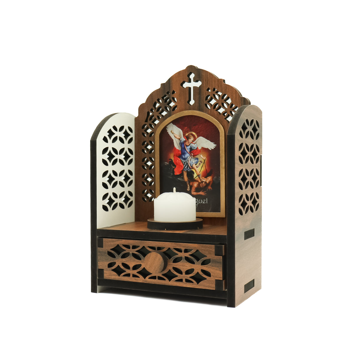 Porta Terço imbuia Capelinha com Vela - São Miguel Arcanjo