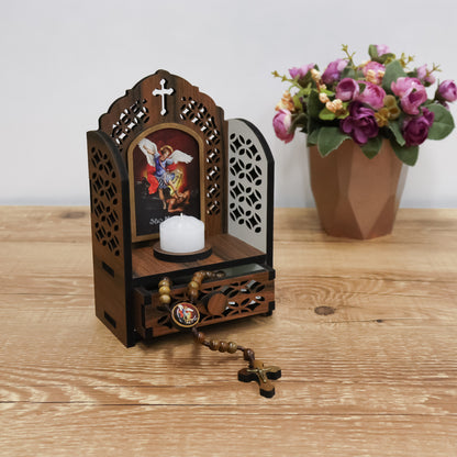 Porta Terço imbuia Capelinha com Vela - São Miguel Arcanjo