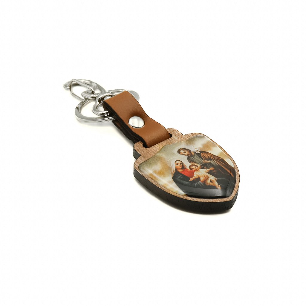 Chaveiro Escudo de Madeira Sagrada Família Prata Velha