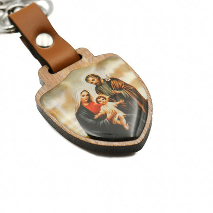 Chaveiro Escudo de Madeira Sagrada Família Prata Velha