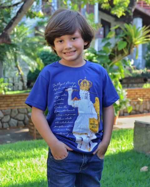 Camiseta de São Miguel Arcanjo Azul com oração - Infantil