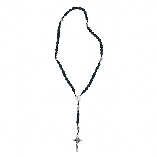 Terço madeira azul marinho medalha de São Bento na dezena entre meio terra de Medjugorje