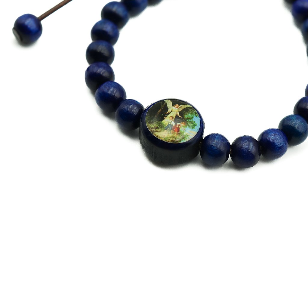 Pulseira infantil reg madeira 6mm Anjo da Guarda - Azul