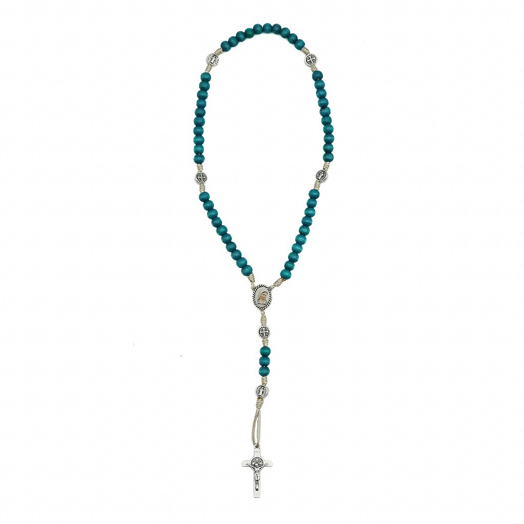 Terço madeira verde cordão bege claro entre meio Rainha da Paz / Jesus Misericordioso - Medjugorje