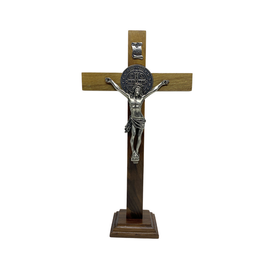 Crucifixo Madeira São Bento 33 cm Para Mesa - Parte Níquel