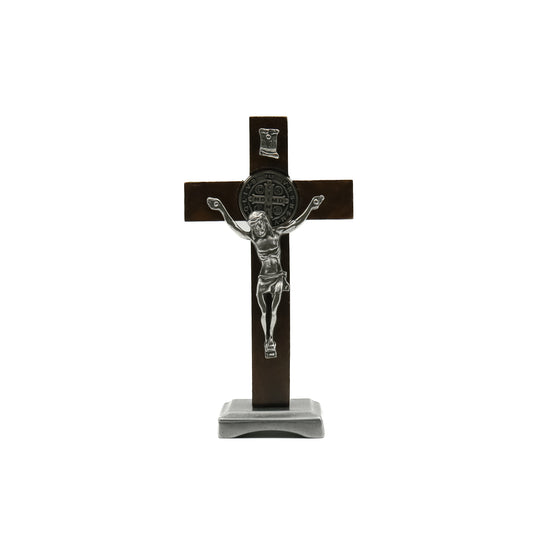 Crucifixo Madeira 11 cm para mesa Niquel com Medalha de São Bento