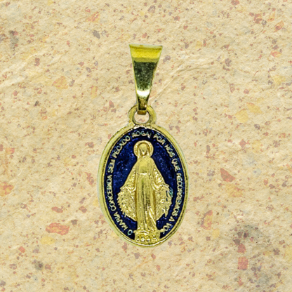 Medalha Milagrosa 10mm - Dourada Resinada Azul