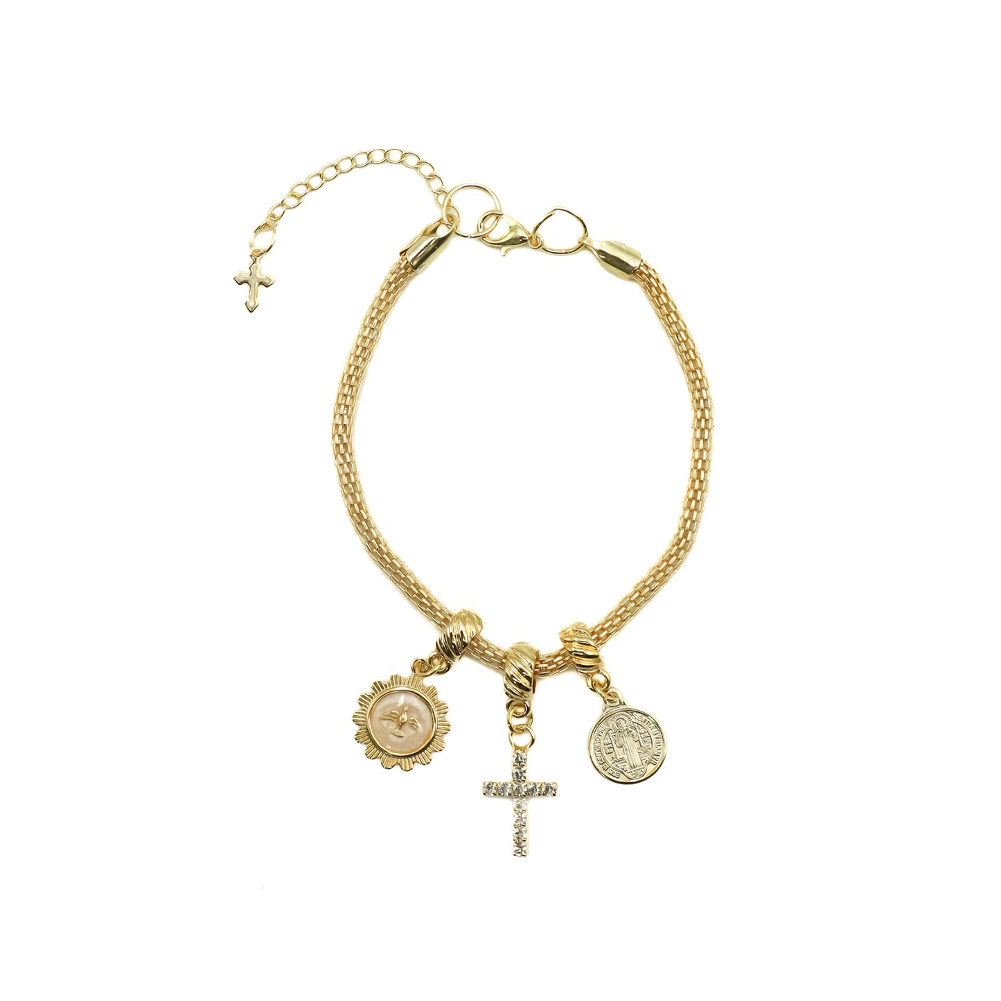 Pulseira dourada Espírito Santo, São Bento e Cruz