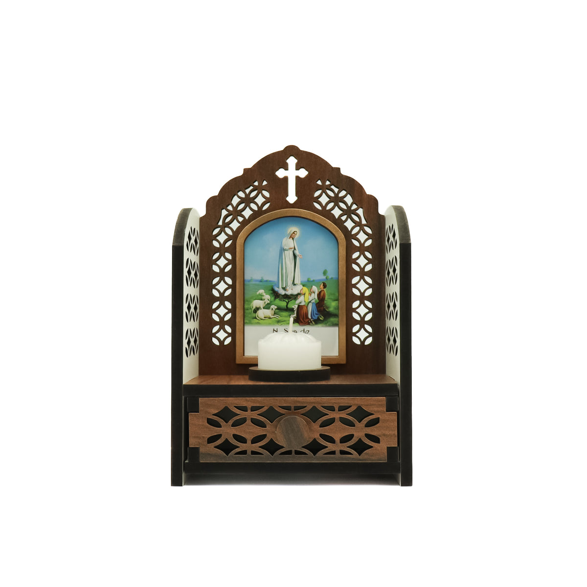 Porta Terço imbuia Capelinha com Vela - Nossa Senhora de Fátima