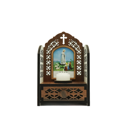Porta Terço imbuia Capelinha com Vela - Nossa Senhora de Fátima
