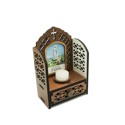 Porta Terço imbuia Capelinha com Vela - Nossa Senhora de Fátima